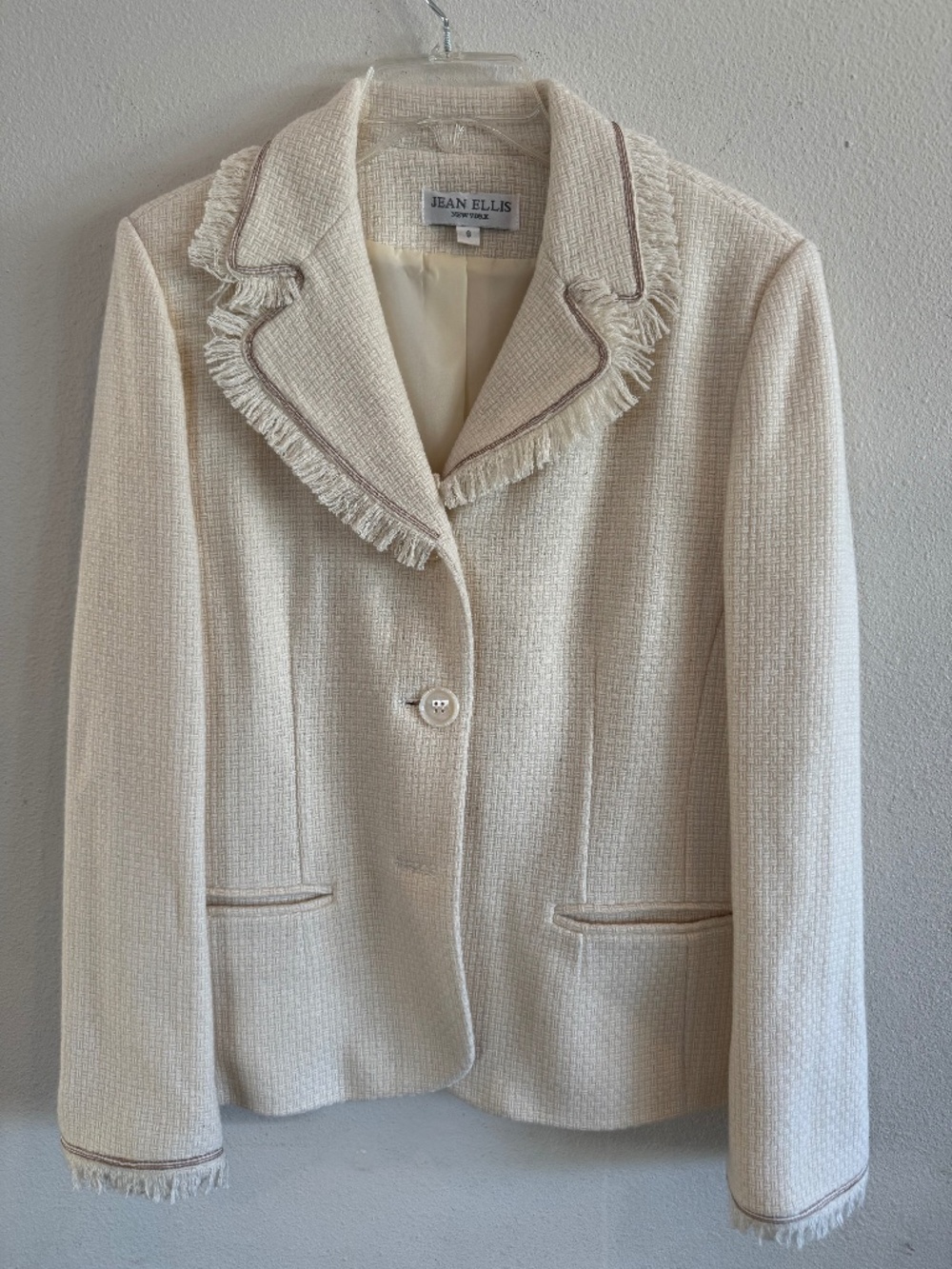 Jean Ellis Ivory Fringed Collar Tweed Blazer Size 8